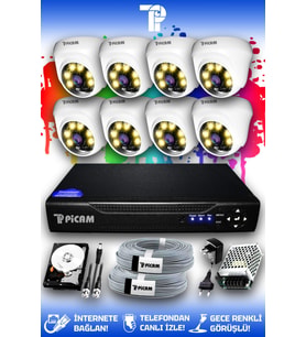 PICAM 8 Kameralı Dome 8 İç Kamera Set 250 GB HDD Full HD Renkli Gece Görüşlü Güvenlik Kamerası Sistemi