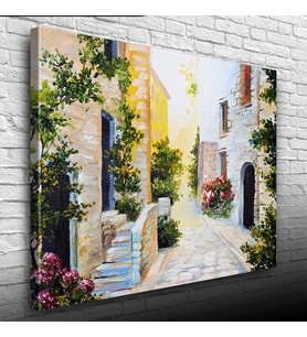 Taş Evler Ve Çiçekli Yol Yağlıboya Kanvas Tablo 50 x 70