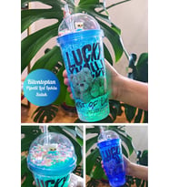 Lucky Ayıcık Suluk Pipetli Buzlu Cam Görünümlü Led Işıklı 450 ML Çift Katman Mika 2768 Mavi