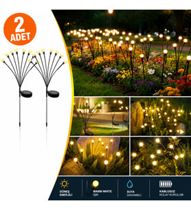 2'li Güneş Enerjili 70 cm Firefly Bahçe Lambası 8 LED Aydınlatma Dekoratif Solar Dış Mekan Balkon Yürüyüş Yolu
