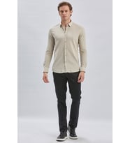 Bej Uzun Kollu Biritli Yaka Biyeli Pamuklu Likralı Casual Slim Fit Dar Kesim Gömlek 1004240232
