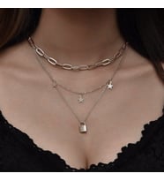 Moda Takı Gümüş Rengi Gerdanlık Kolye Kadınlar İçin 3 Katlı Yıldız Kilit Ezme Zincir Çok Katlı Kolye