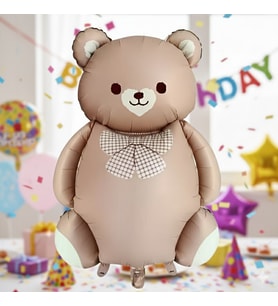 56,5x90 cm Papyonlu Ayıcık Karamel Folyo Balon - Doğum Günü Parti Dekorasyon Balonu