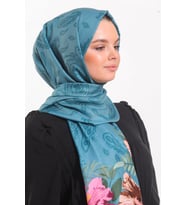 Çiçekli Desen Pavia Seri Şal Eşarp Askısı ile Birlikte 90X200 cm Turkuaz Kahvere