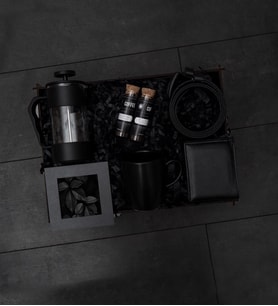 Estetik Siyah Frenchpress, Kahve, Cüzdan, Kemer Kupa Hediye Kutusu