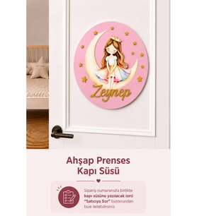 Ahşap Çocuğun İsmine Özel Aylı Prenses İsimli Kapı Süsü - Bebek Hastane Kapısı ve Bebek Odası için Kapı Süsü
