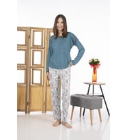 Estiva 24119 Kadın Yaprak Desenli Uzun Kollu Yazlık Viskon Pijama Takımı (Mavi)