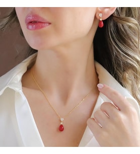 Mercan Taşlı Damla Gold Gümüş Set