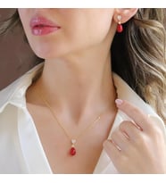 Mercan Taşlı Damla Gold Gümüş Set