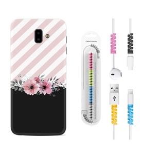Samsung J6 Plus J7 Prime J7 Pro M20 Kılıf Kablo Koruma Spiral Silikon Strip Pink Flowers 1396