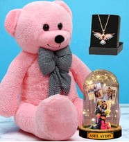 Büyük Boy Pembe Peluş Ayıcık, Kişiye Özel Led Işıklı Fanus ve Renkli Zümrüdü Anka Kuşu Kolye (Model 8)