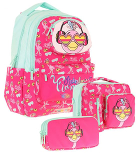 Kaukko Kids 3D Flamingo Şekilli Kız Çocuk Üçlü Okul Çantası Seti/Takımı - Kırmızı Yeşil (L5235+L7235+L8235)