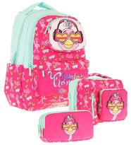 Kaukko Kids 3D Flamingo Şekilli Kız Çocuk Üçlü Okul Çantası Seti/Takımı - Kırmızı Yeşil (L5235+L7235+L8235)