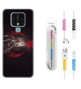Tecno Camon 16 18P Pova 3 Pova Neo Kılıf Kablo Koruma Spiral Silikon Kurt ve Ay Yıldız 1403