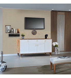 Arya Konsol 4 Kapaklı 1 Çekmeceli Beyaz Atlantik Çam Gold Detaylı 160x80x44 Cm