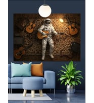 Astronot Gitar Çalan Uzayda Dekoratif Kanvas - Mdf Ahşap Tablo