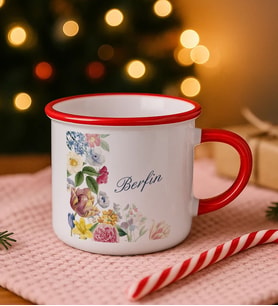 BK Gift Kişiye Özel Çiçek Tasarımlı Kırmızı Emaye Kupa Bardak -8, Arkadaşa Hediye, Sevgiliye Hediye
