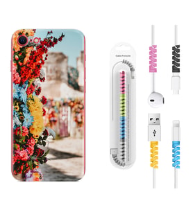 Apple iPhone 5 6 7 8 Plus Se XR Kılıf Kablo Koruma Spiral Silikon Gerçek Çiçekler 1743