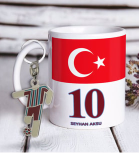 BK Gift Kişiye Özel Bordo-Mavi Tasarımlı Kupa Bardak ve Formalı Metal Anahtarlık Hediye Seti Model 1