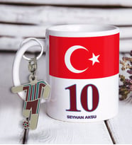 BK Gift Kişiye Özel Bordo-Mavi Tasarımlı Kupa Bardak ve Formalı Metal Anahtarlık Hediye Seti Model 1