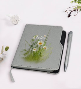 BK Gift Kişiye Özel Papatya Temalı Gri Termo Deri Defter Kalem Seti-13