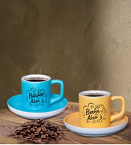 BK Gift Kişiye Özel İsimli Sarı ve Mavi Renk İkili Türk Kahvesi Fincan Seti-6, Ev Hediyesi, Arkadaşa Hediye, Doğum Günü Hediyesi