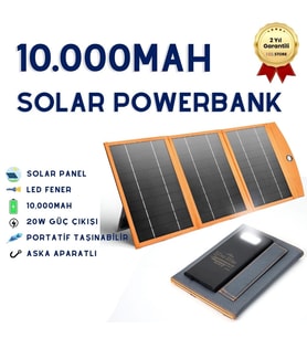 10,000mAh Solar Güneş Enerjili 3 Panelli 1 Type-C - 2 USB Çıkışlı 20W Hızlı Şarjlı Powerbank