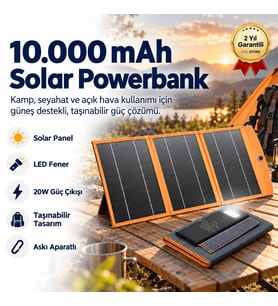 10,000mAh Solar Güneş Enerjili 3 Panelli 1 Type-C - 2 USB Çıkışlı 20W Hızlı Şarjlı Powerbank