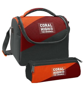 Coral High Erkek Çocuk Turuncu Bordo Gri Renkli Thermo Beslenme Çantası ve Üç Bölmeli Kalem Çantası Seti