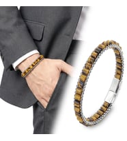 💎 Premium Kaplan Gözü Doğal Taşlı Hasır Örgü Zincirli Erkek Çelik Bileklik 31832B28D15 - 20 cm