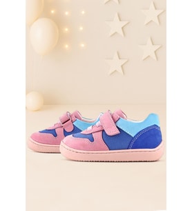 Rakerplus Bob Hakiki Deri Mavi Pembe Barefoot Cırtlı Lastikli Bebek Sneaker Ayakkabı