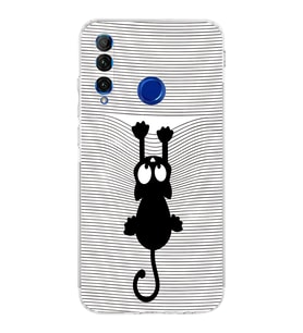 Huawei Honor 20 Lite  Kamera korumalı Kapak Çizgi Kedi (Beyaz) Tasarımlı Şeffaf Kılıf