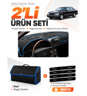 MERCEDES W140 (1991-1998) Uyumlu Torpido Örtüsü + Deri Bagaj Çantası + Sticker Seti - Siyah Mavi