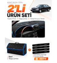 MERCEDES W140 (1991-1998) Uyumlu Torpido Örtüsü + Deri Bagaj Çantası + Sticker Seti - Siyah Mavi