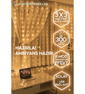 Kumandalı 8 Ayrı Moda Sahip 3mx3m ( 300 Cm X 300 Cm ) Perde Peri Usb Led