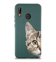 Huawei P 20 Lite Uyumlu Lansman Kılıf Catface Tasarımlı İçi Kadife Kapak-Yeşil (Şeffaf)