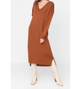 Moda Oversize Casual Günlük Selanik Triko V Yaka Uzun Kol Shift Maxi Boy Elbise