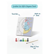 Ay Üzerinde Uyuyan Fil Temalı Çocuk Boyama Tuvali – Şövalesiz Eğitici Boyama Seti 20x20 cm