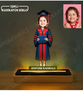 Kişiye Özel Kız Ortaokul Mezunn Karikatürlü 14 cm MDF Işıklı Biblo - Mezuniyet Hediyesi Yeni Mezuna Hediye