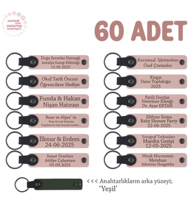 Otellere Özel Hediye, 60'lı Set, İsimli Kurumsal Kimliğe Uygun Deri Anahtarlık, Pudra & Yeşil