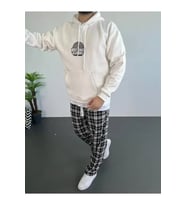 Erkek Baskılı Üç İplik Kapüşonlu Oversize Sweatshirt - Beyaz