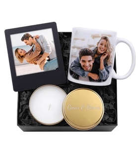 Kişiye Özel Fotoğraflı Kupa & İnstagram Çerçeve & Gold Metal Kutulu Mum Hediye Seti
