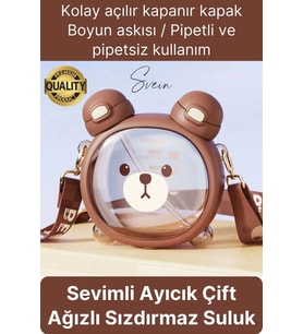 Sevimli Ayıcıklı Çocuk Suluğu Çift Kapaklı Pipetli Boyun Askılı Su Matarası Şişesi Kahve Sticker