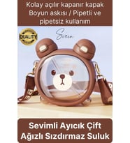 Sevimli Ayıcıklı Çocuk Suluğu Çift Kapaklı Pipetli Boyun Askılı Su Matarası Şişesi Kahve Sticker