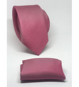 Koyu Pembe Renk Mendilli Slim Fit Oxford Kuş Gözü Desen Kravat