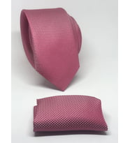 Koyu Pembe Renk Mendilli Slim Fit Oxford Kuş Gözü Desen Kravat