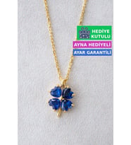 Jewelmim Mavi Taşlı Dört 4 Yapraklı Yonca Gümüş Kolye Sarı Altın Kaplama 925 Ayar Kadın Gümüş Yonca Kolye (Sarı)