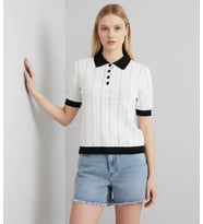 12487 Kadın Polo Yaka Yarım Pat Düğme Ajurlu Triko Bluz