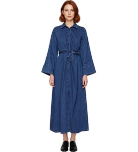 Kadın Düz Desen Kuşaklı Maxi Denim Gömlek Elbise Uzun Melek Kol Yaka %100 Pamuk Günlük