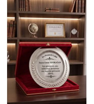 Kadife Kutulu Gümüş Renk Metal Plaket Başak Desenli Kişiye Özel Tebrik Ödül Plaketi Kurumsal Plaketler